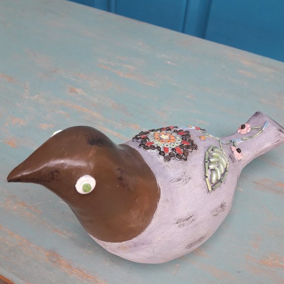 Carved Wood Bird Boho Hippie Decor Wooden Bird Figurine Embellished Beaded Art - Picture 7 of 16